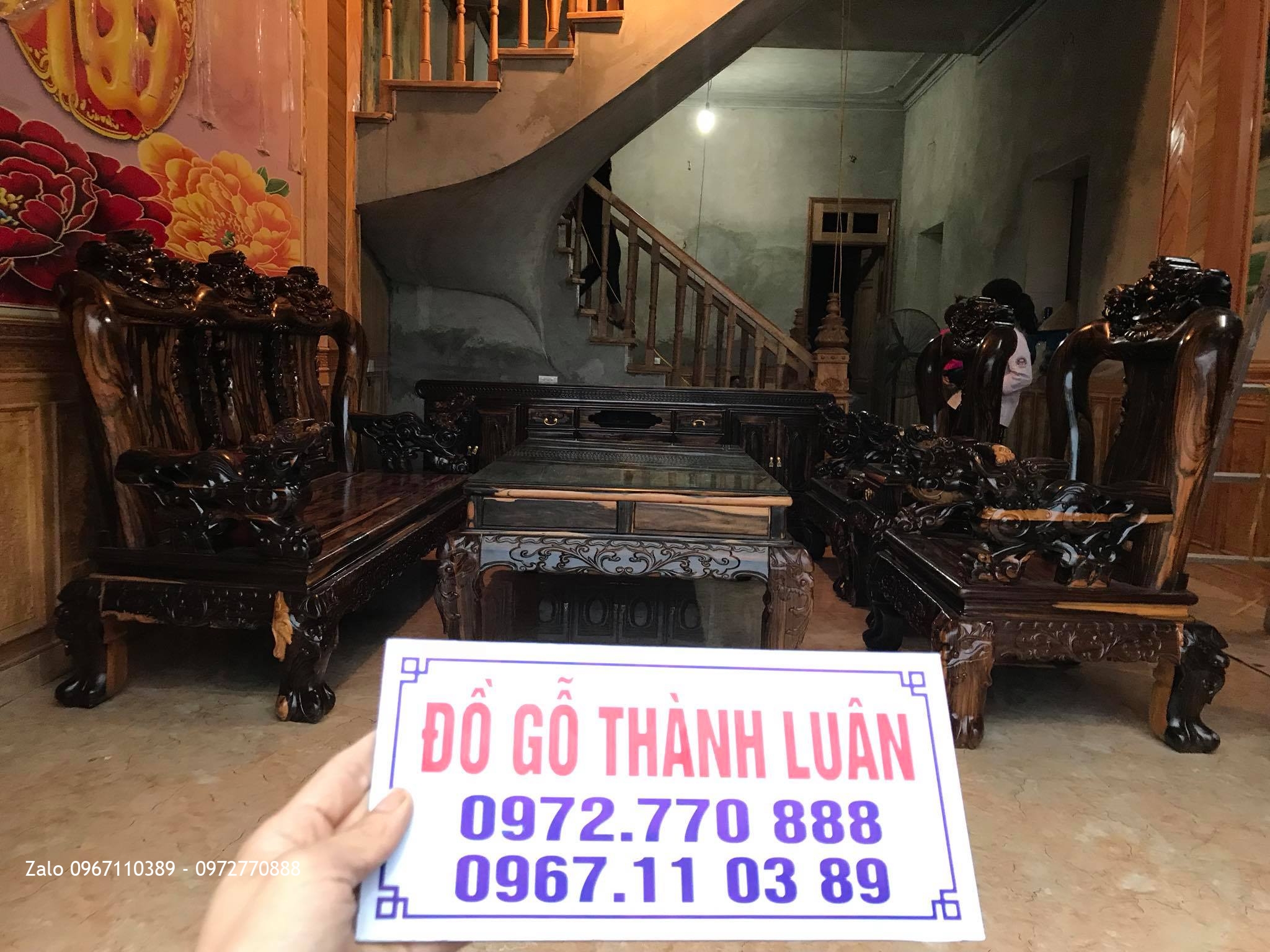 Bộ Bàn Ghế Minh Quốc Nghê Cột 13, Kệ Tivi Gỗ Mun. AC Đô Tươi Thường Tín HN-