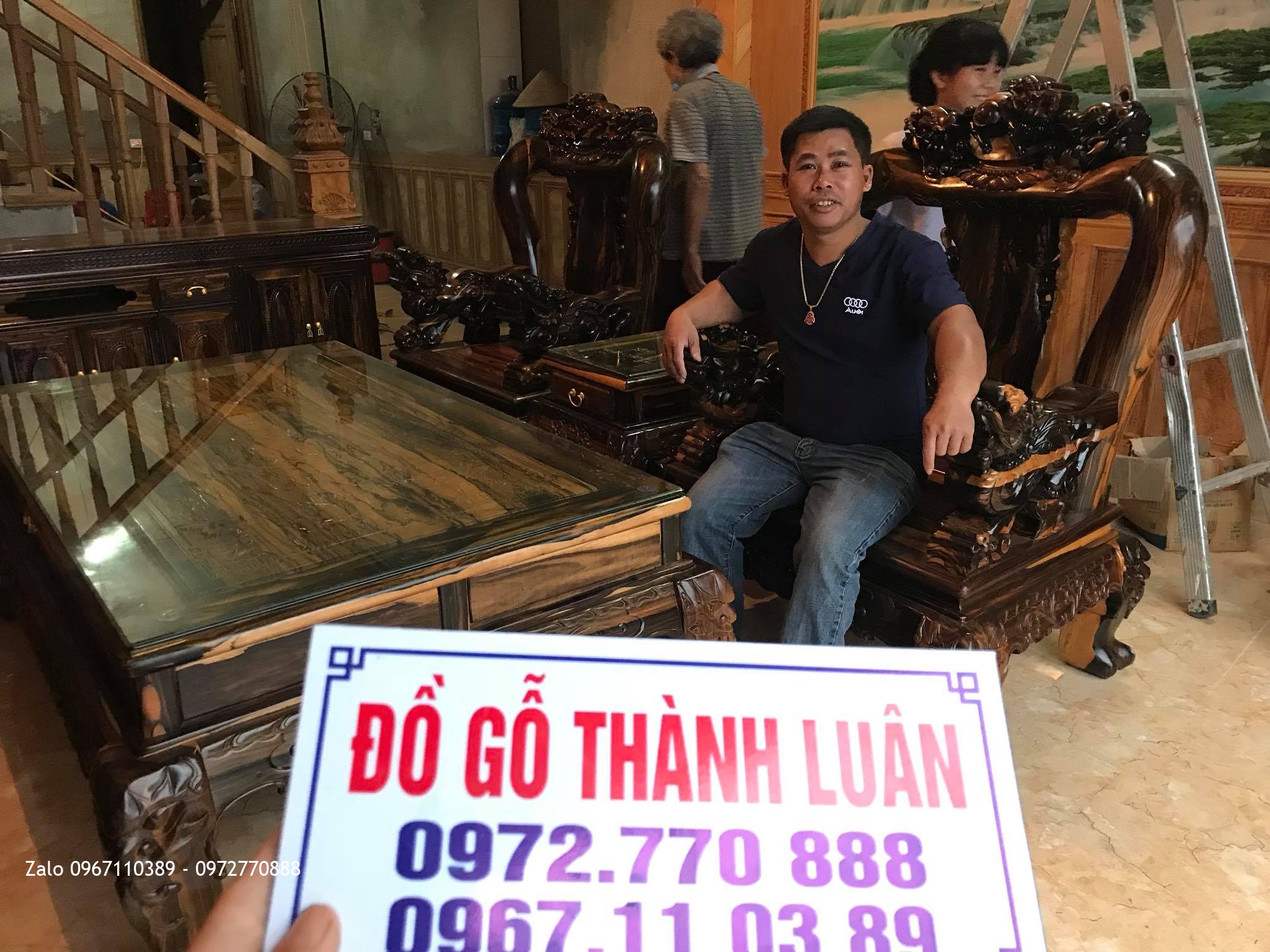 Bộ Bàn Ghế Minh Quốc Nghê Cột 13, Kệ Tivi Gỗ Mun. AC Đô Tươi Thường Tín HN.