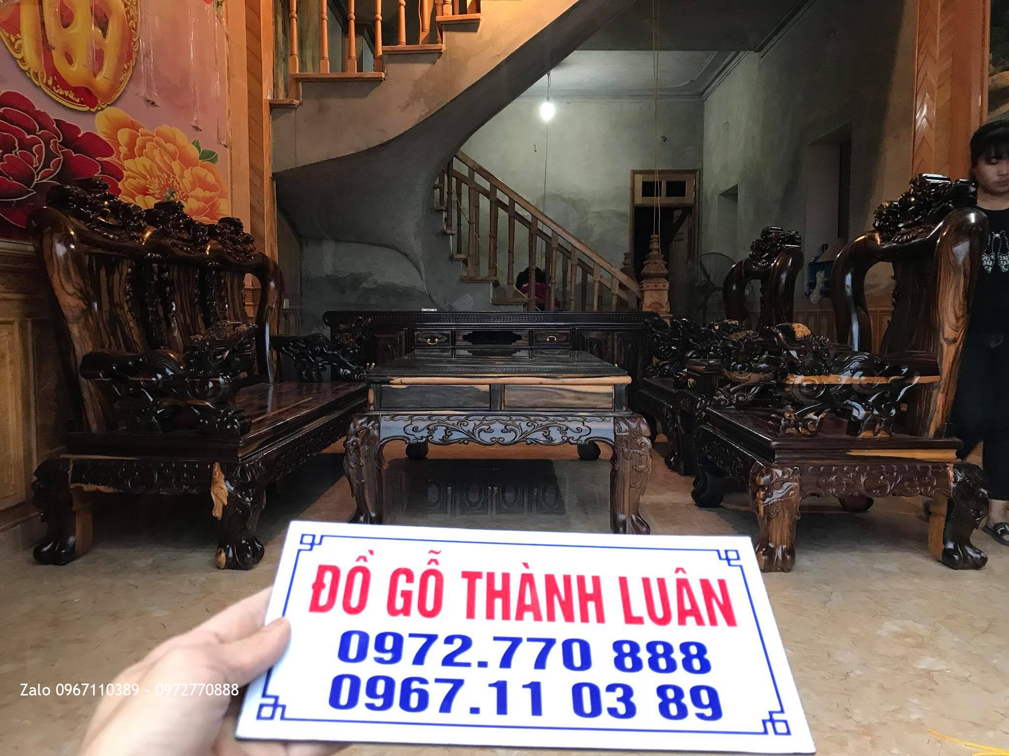 Bộ Bàn Ghế Minh Quốc Nghê Cột 13, Kệ Tivi Gỗ Mun. AC Đô Tươi Thường Tín HN.