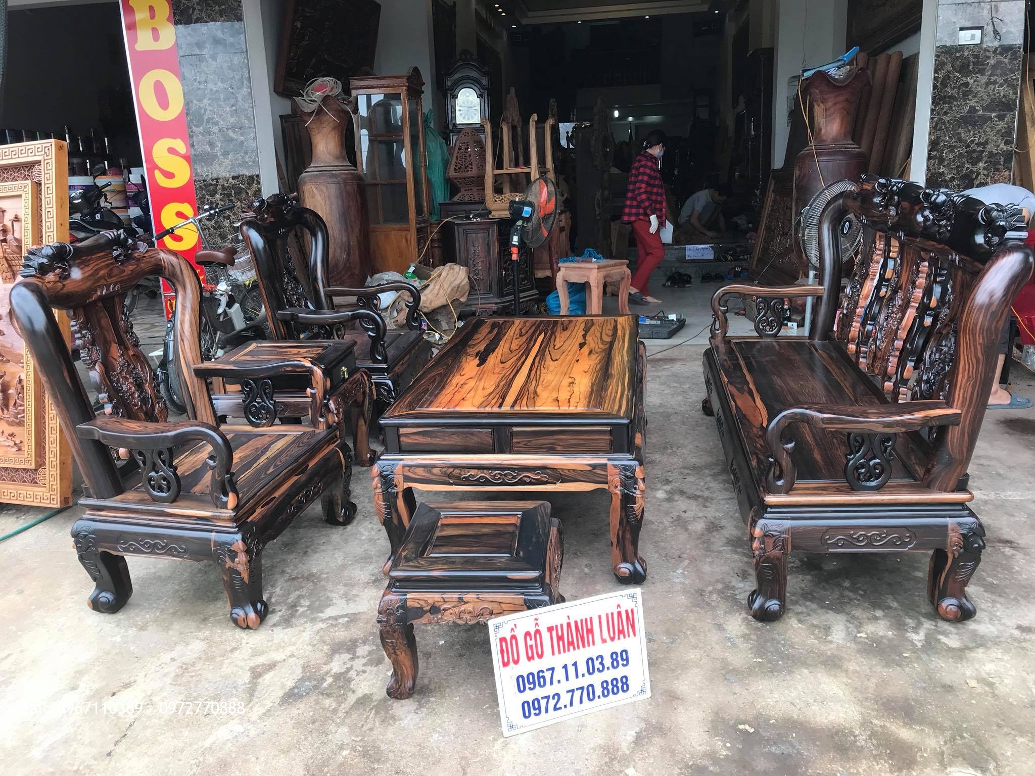 Bộ Ghế Minh Quốc Đào Chim Gỗ Mun Cột 10. A Dũng Hoàng Mai HN