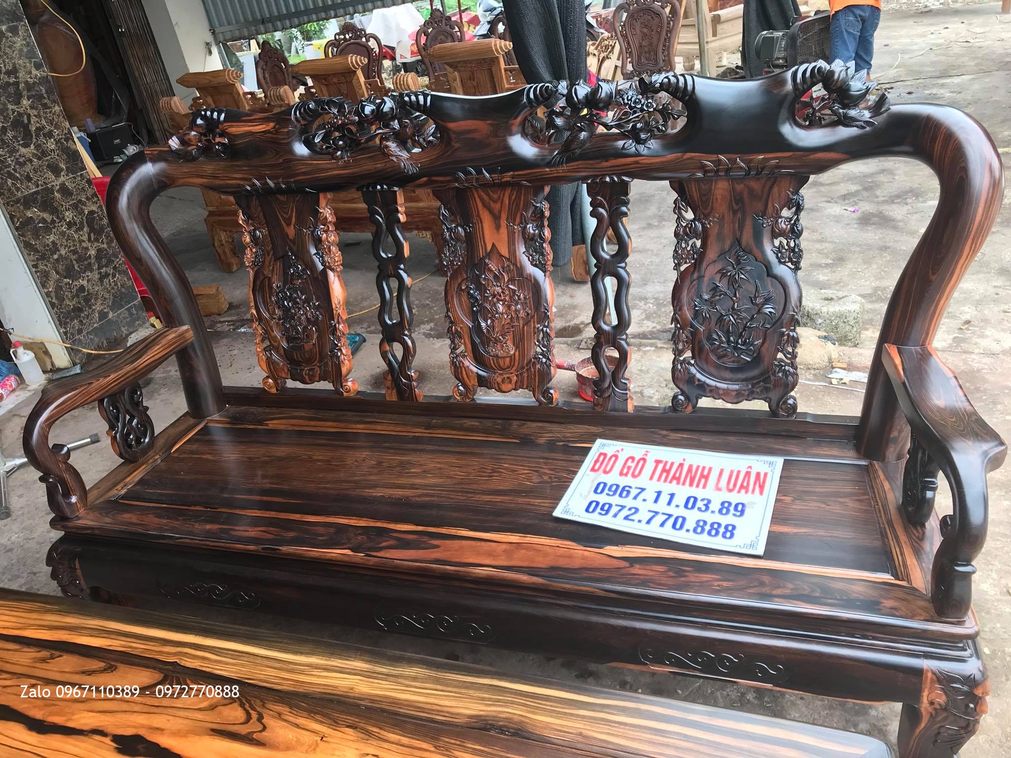 Bộ Ghế Minh Quốc Đào Chim Gỗ Mun Cột 10. A Dũng Hoàng Mai HN.