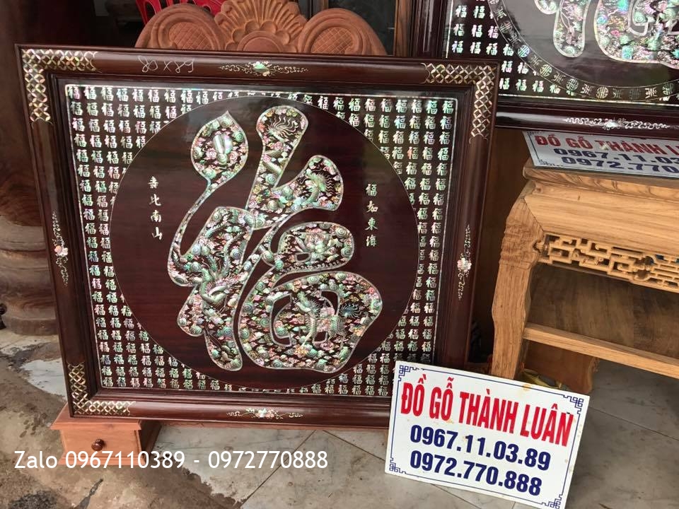 Tranh Chữ PHÚC Gỗ Gụ Khảm Ốc Singapore.