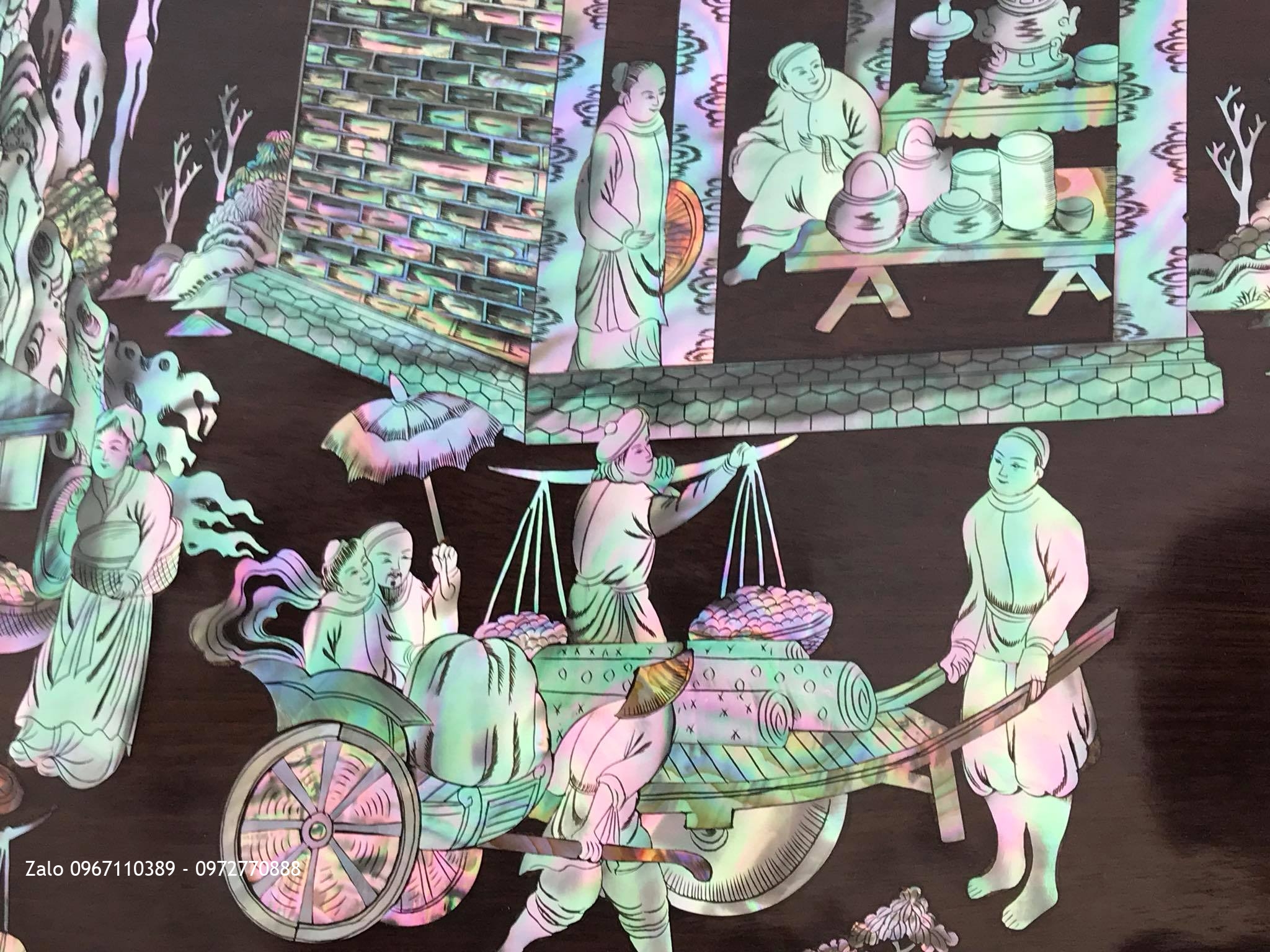 Tranh Chợ Quê Gỗ Gụ Khảm Ốc Đỏ,