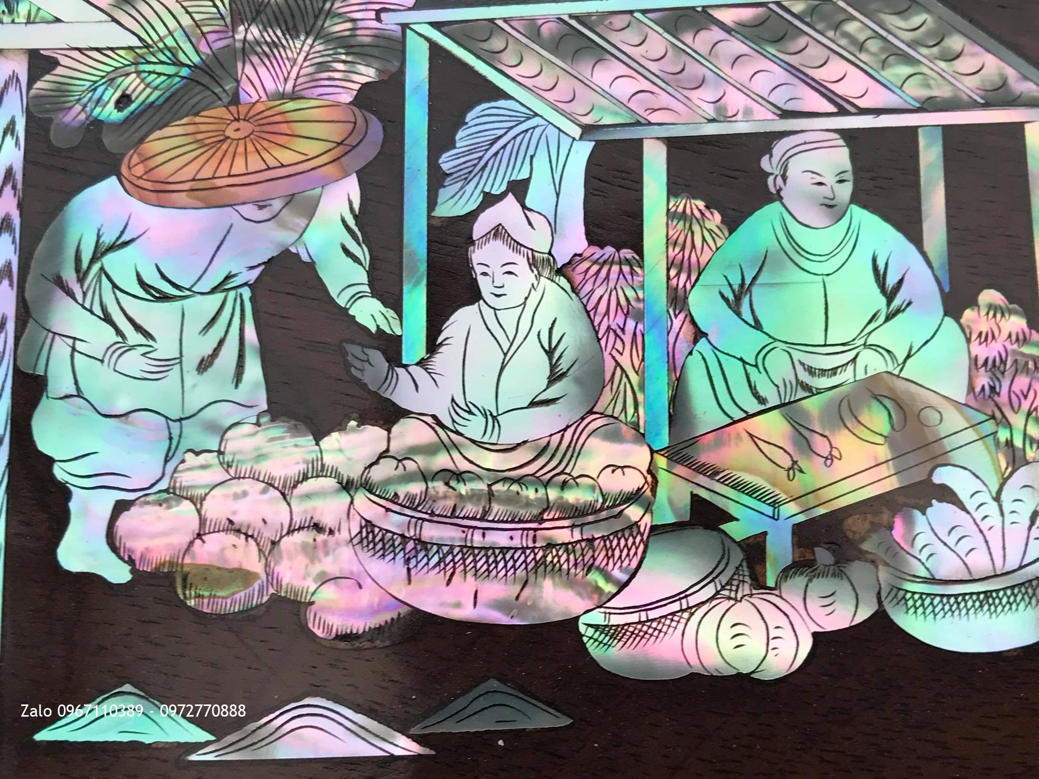 Tranh Chợ Quê Gỗ Gụ Khảm Ốc Đỏ,