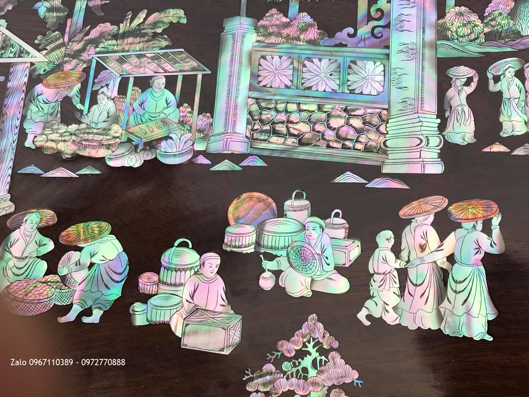 Tranh Chợ Quê Gỗ Gụ Khảm Ốc Đỏ.