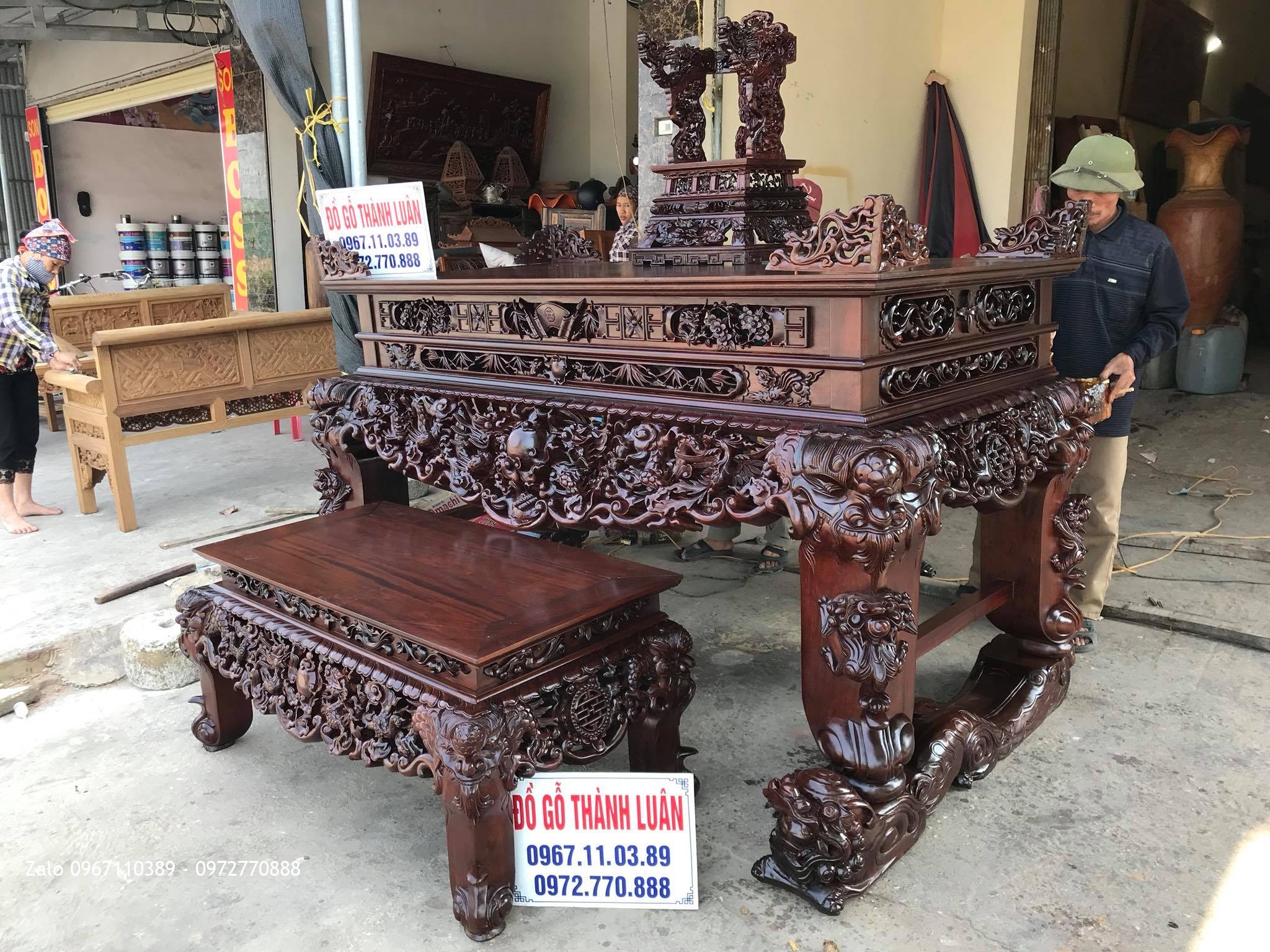 Bộ Sập Thờ Tứ Linh Nghê Trầu Siêu Khủng Gỗ Gụ. Chú Báu Hà Nam,,