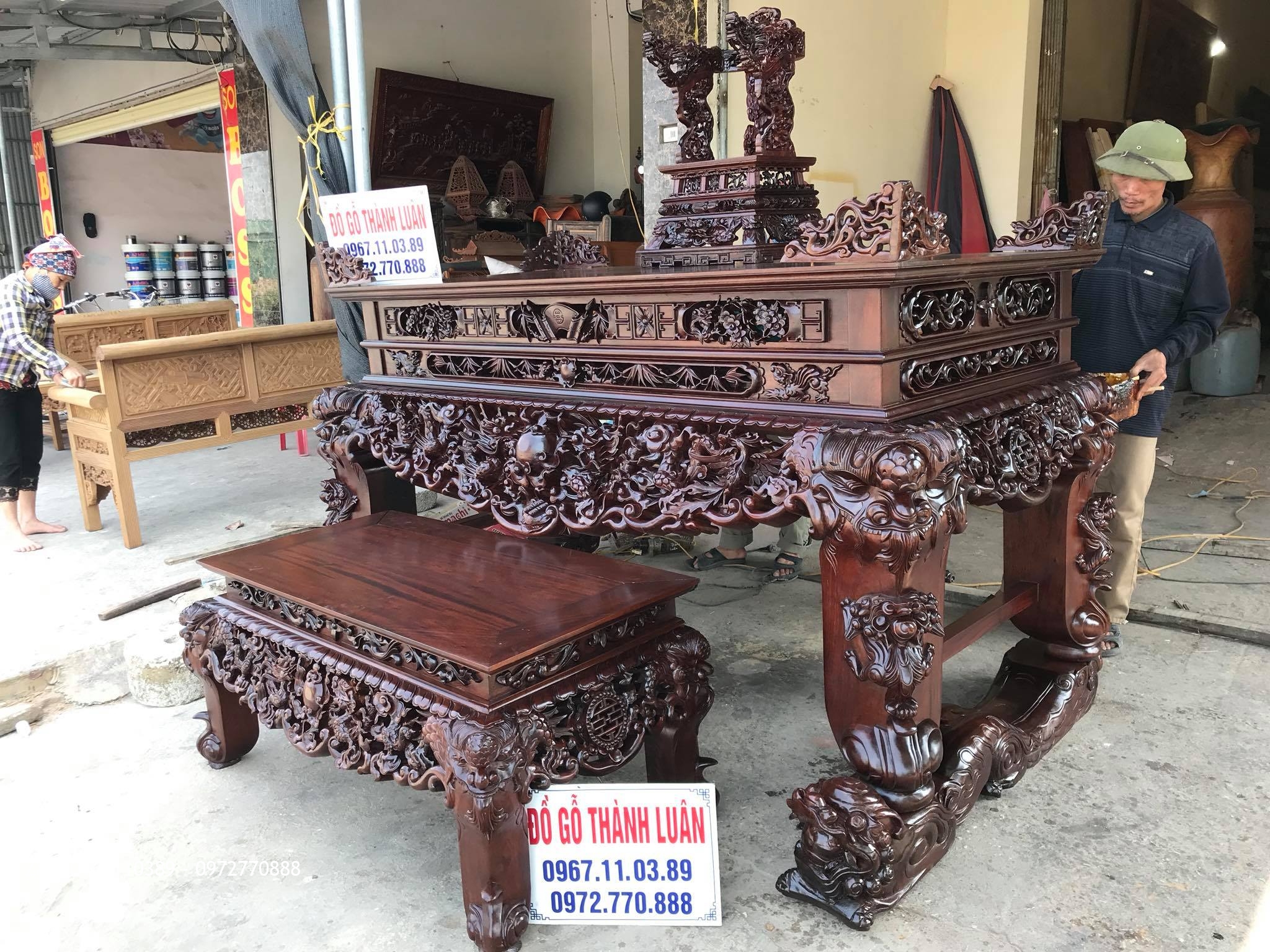 Bộ Sập Thờ Tứ Linh Nghê Trầu Siêu Khủng Gỗ Gụ. Chú Báu Hà Nam.