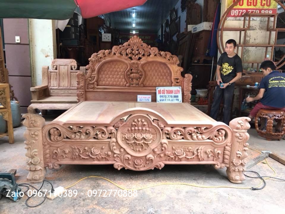 2 Giường Hoa Hồng Gỗ Hương Đỏ Lào 1m8-2m,