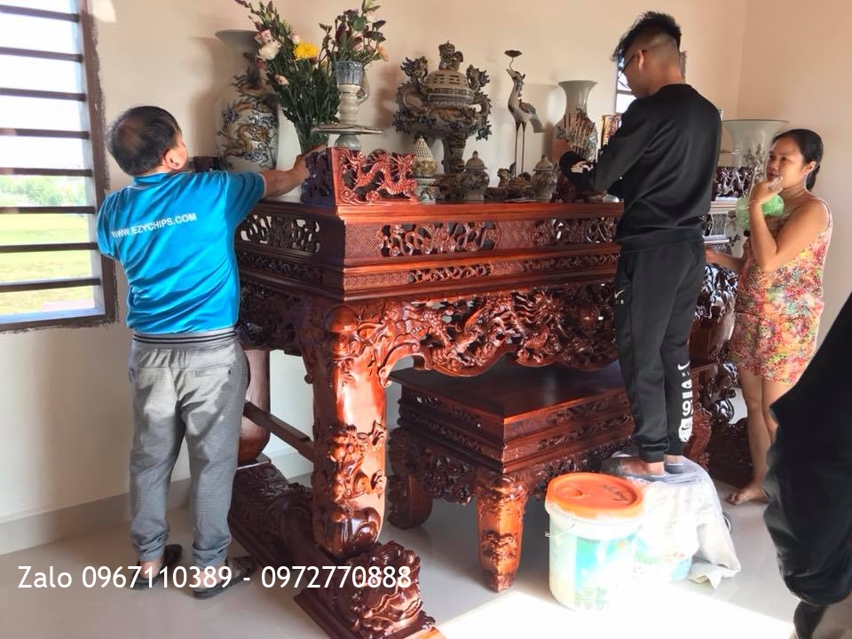 Sập Thờ Tứ Linh Gỗ Gụ Ngồi Trên Đôi Nghê Trầu. Chú Hải Hải Dương.