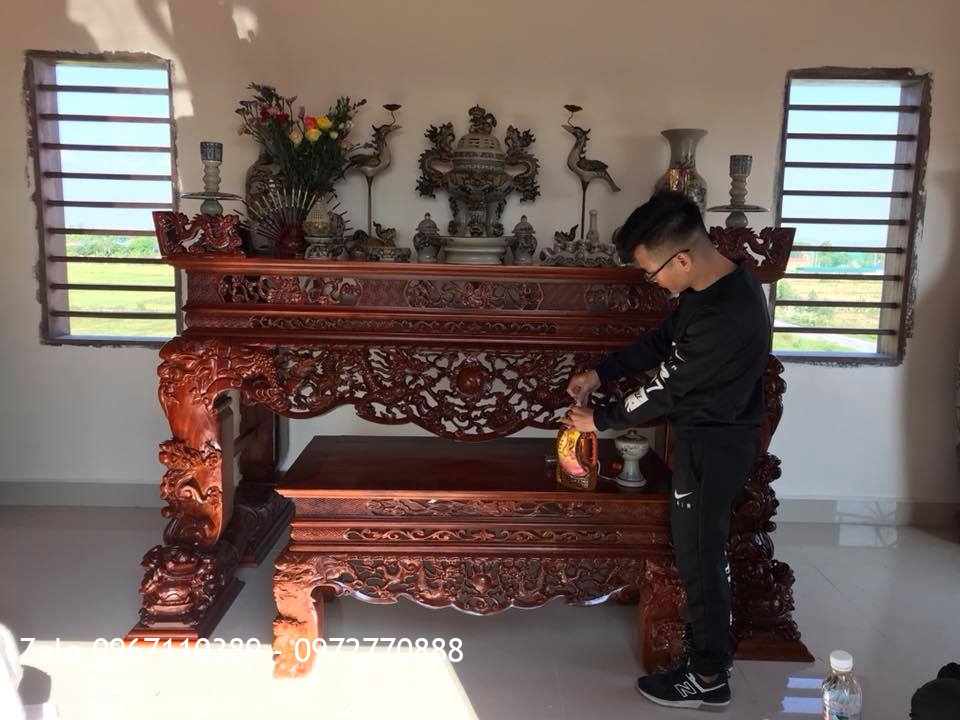 Sập Thờ Tứ Linh Gỗ Gụ Ngồi Trên Đôi Nghê Trầu. Chú Hải Hải Dương.