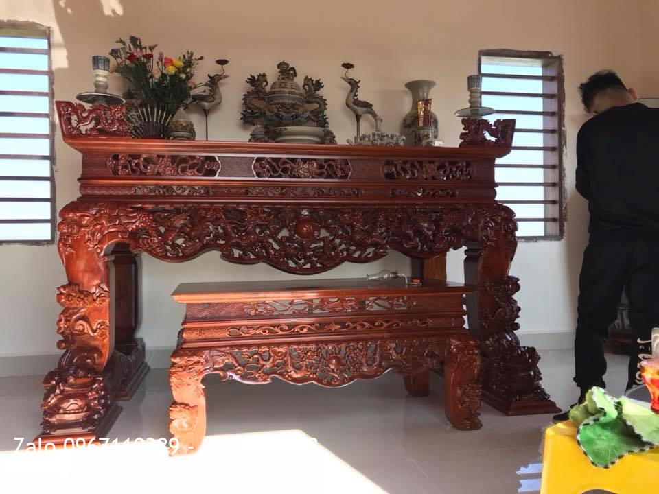 Sập Thờ Tứ Linh Gỗ Gụ Ngồi Trên Đôi Nghê Trầu. Chú Hải Hải Dương::.