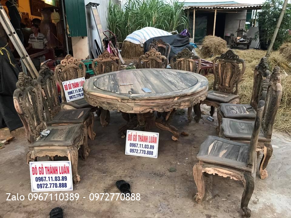 Bộ Bàn Ghế Ăn Gỗ Mun Hoa Gồm 10 Ghế 1 Bàn Tròn. Khách Nha Trang,