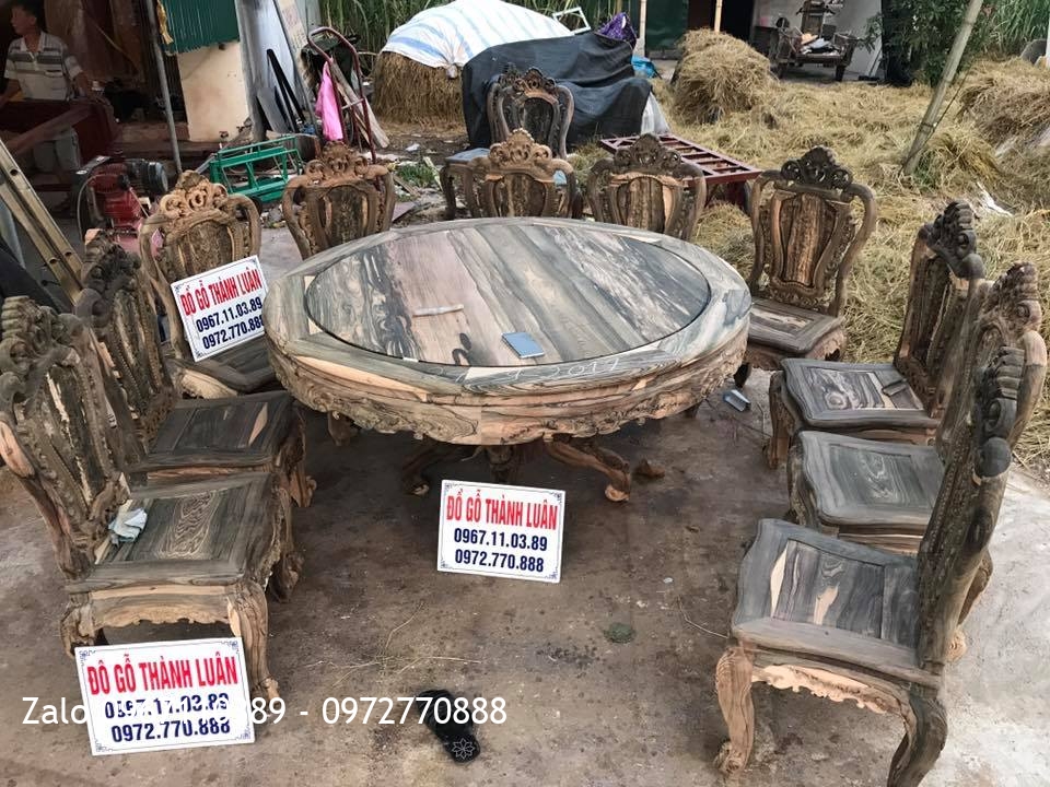 Bộ Bàn Ghế Ăn Gỗ Mun Hoa Gồm 10 Ghế 1 Bàn Tròn. Khách Nha Trang.