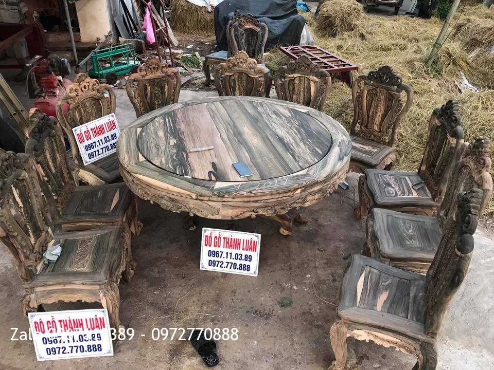 Bộ Bàn Ghế Ăn Gỗ Mun Hoa Gồm 10 Ghế 1 Bàn Tròn. Khách Nha Trang.