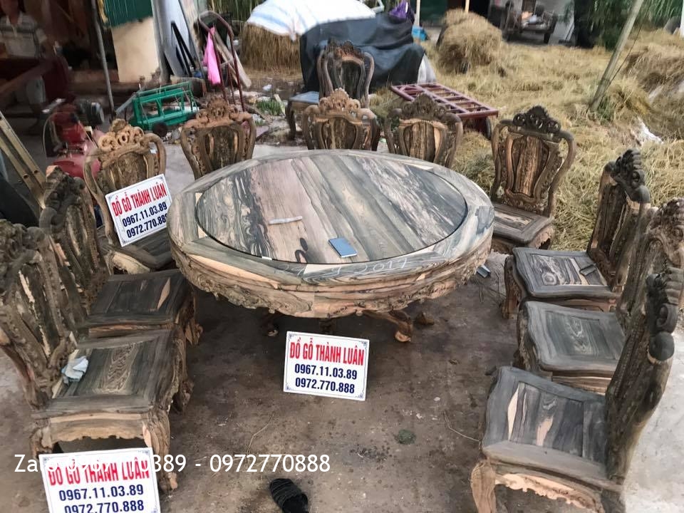 Bộ Bàn Ghế Ăn Gỗ Mun Hoa Gồm 10 Ghế 1 Bàn Tròn. Khách Nha Trang.