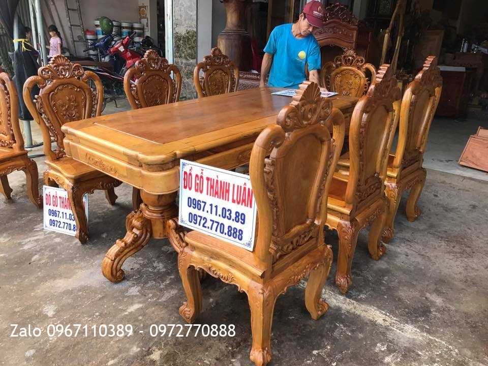 Bộ Bàn Ghế Ăn Mẫu Hoa Lan Tây Gỗ Gụ. Bàn Chữ Nhật Chân Trụ VÍP. Khách Nghệ An