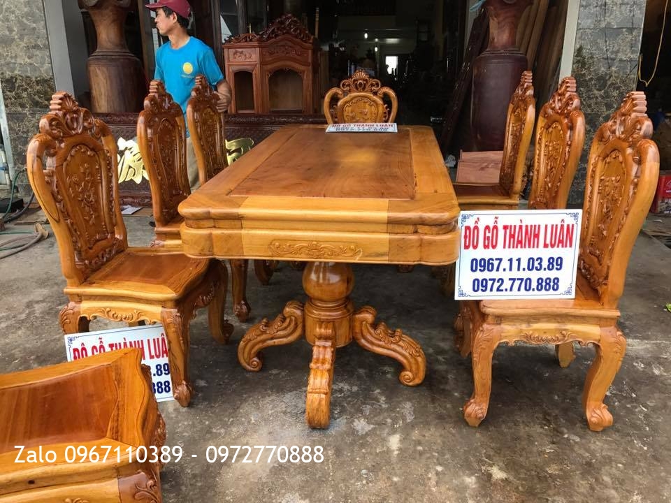 Bộ Bàn Ghế Ăn Mẫu Hoa Lan Tây Gỗ Gụ. Bàn Chữ Nhật Chân Trụ VÍP. Khách Nghệ An