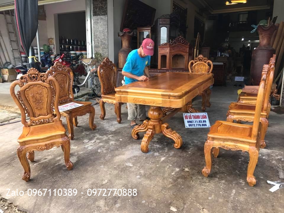Bộ Bàn Ghế Ăn Mẫu Hoa Lan Tây Gỗ Gụ. Bàn Chữ Nhật Chân Trụ VÍP. Khách Nghệ An::