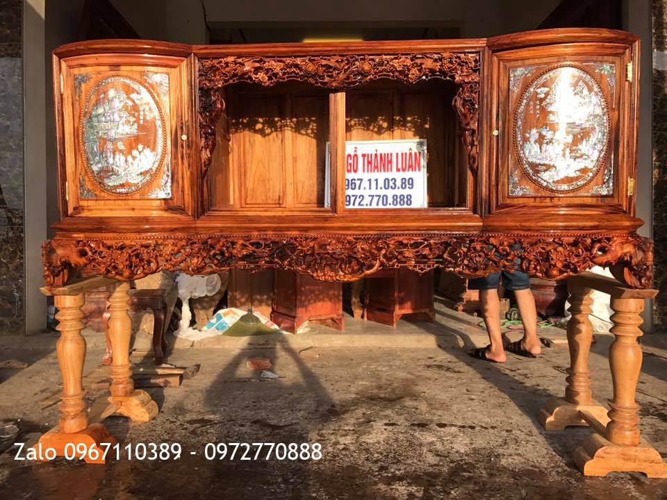 Tủ Chè Gỗ Tứ Linh, Lèo Hồng 3 Cánh Gỗ Gụ Quảng Bình VÍP