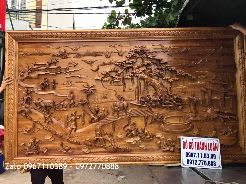 Tranh Vinh Quy Bái Tổ Gỗ Gõ Đỏ.2m56-1m26. Dày 7,5cm--