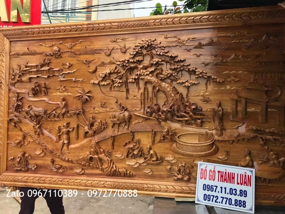 Tranh Vinh Quy Bái Tổ Gỗ Gõ Đỏ.2m56-1m26. Dày 7,5cm-