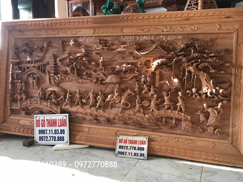Tranh Vinh Quy Bái Tổ Gỗ Gõ Đỏ.2m56-1m26. Dày 7,5cm,.