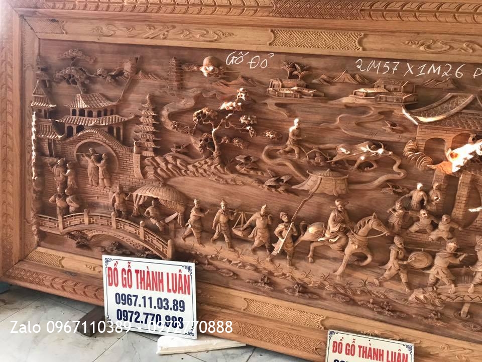Tranh Vinh Quy Bái Tổ Gỗ Gõ Đỏ.2m56-1m26. Dày 7,5cm.