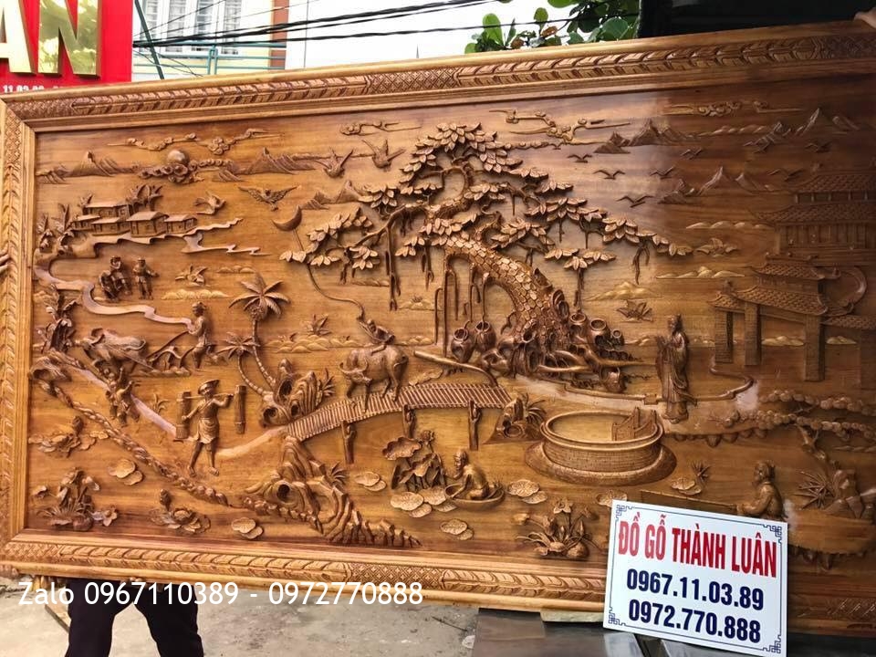 Tranh Vinh Quy Bái Tổ Gỗ Gõ Đỏ.2m56-1m26. Dày 7,5cm:::