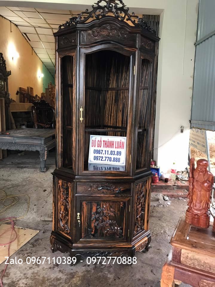 Tủ Góc Gỗ Mun Hoa Và 3 Ông Phúc Lộc Thọ. A Thắng Bình Dương.