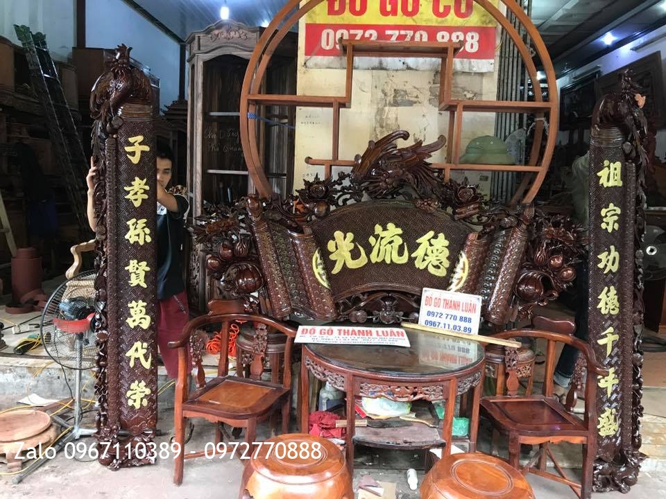 Bộ Cuốn Thư Câu Đối Gỗ Gụ Mẫu Phượng Hoàng. A Vĩnh Lào Cai