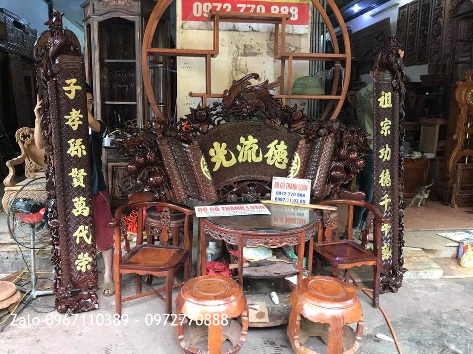 Bộ Cuốn Thư Câu Đối Gỗ Gụ Mẫu Phượng Hoàng. A Vĩnh Lào Cai.