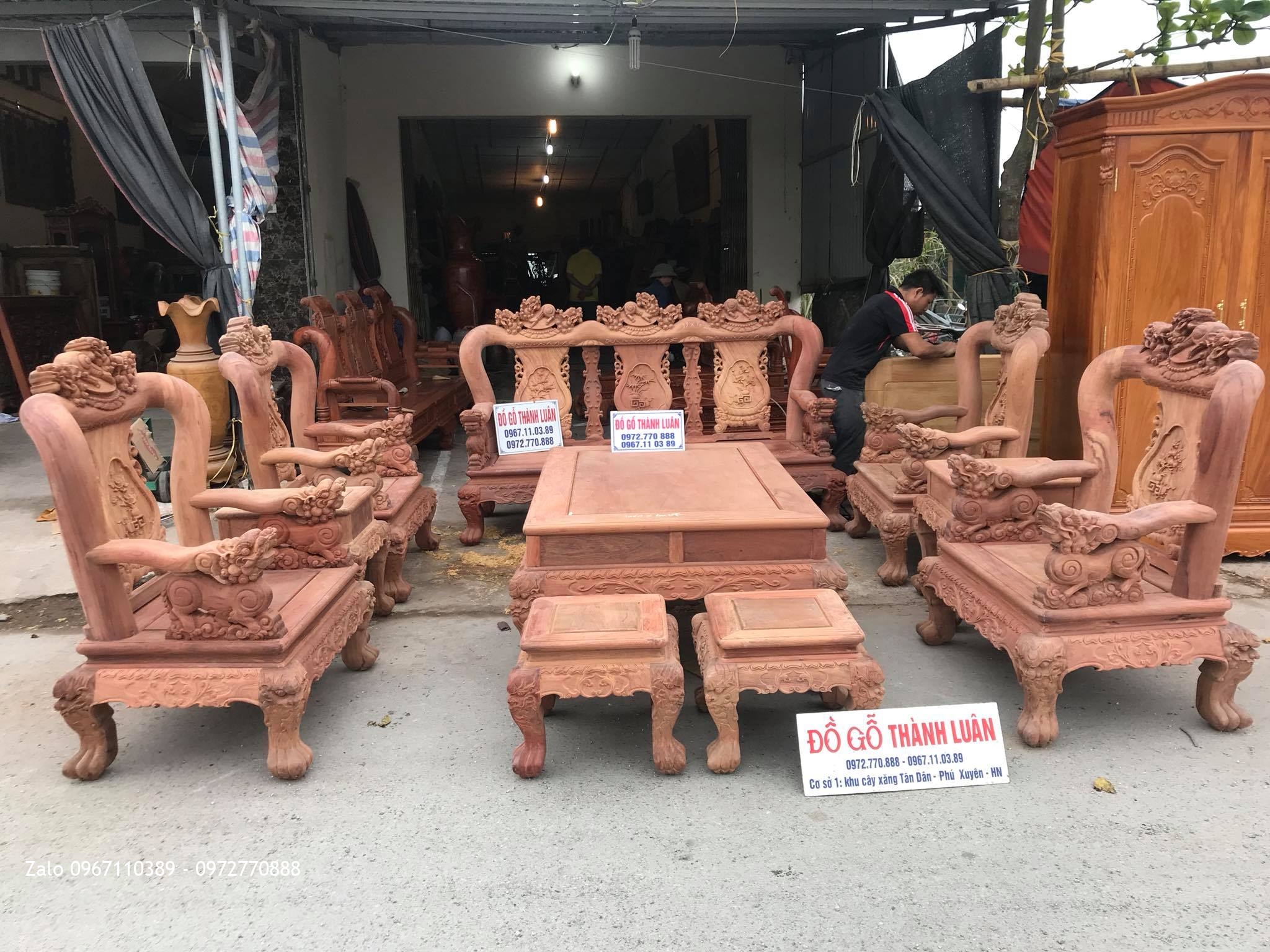 Bộ Bàn Ghế Minh Quốc Nghê Gỗ Hương Đỏ Lào VÍP.Cột.10 Món