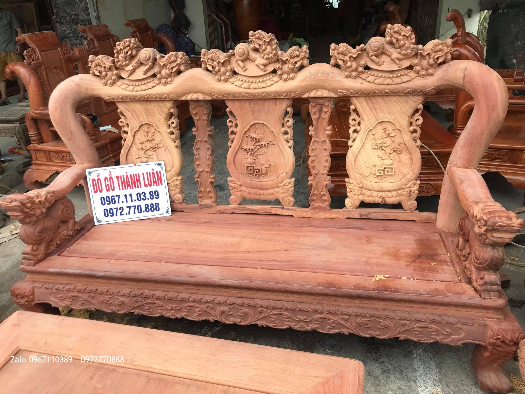 Bộ Bàn Ghế Minh Quốc Nghê Gỗ Hương Đỏ Lào VÍP.Cột.10 Món,