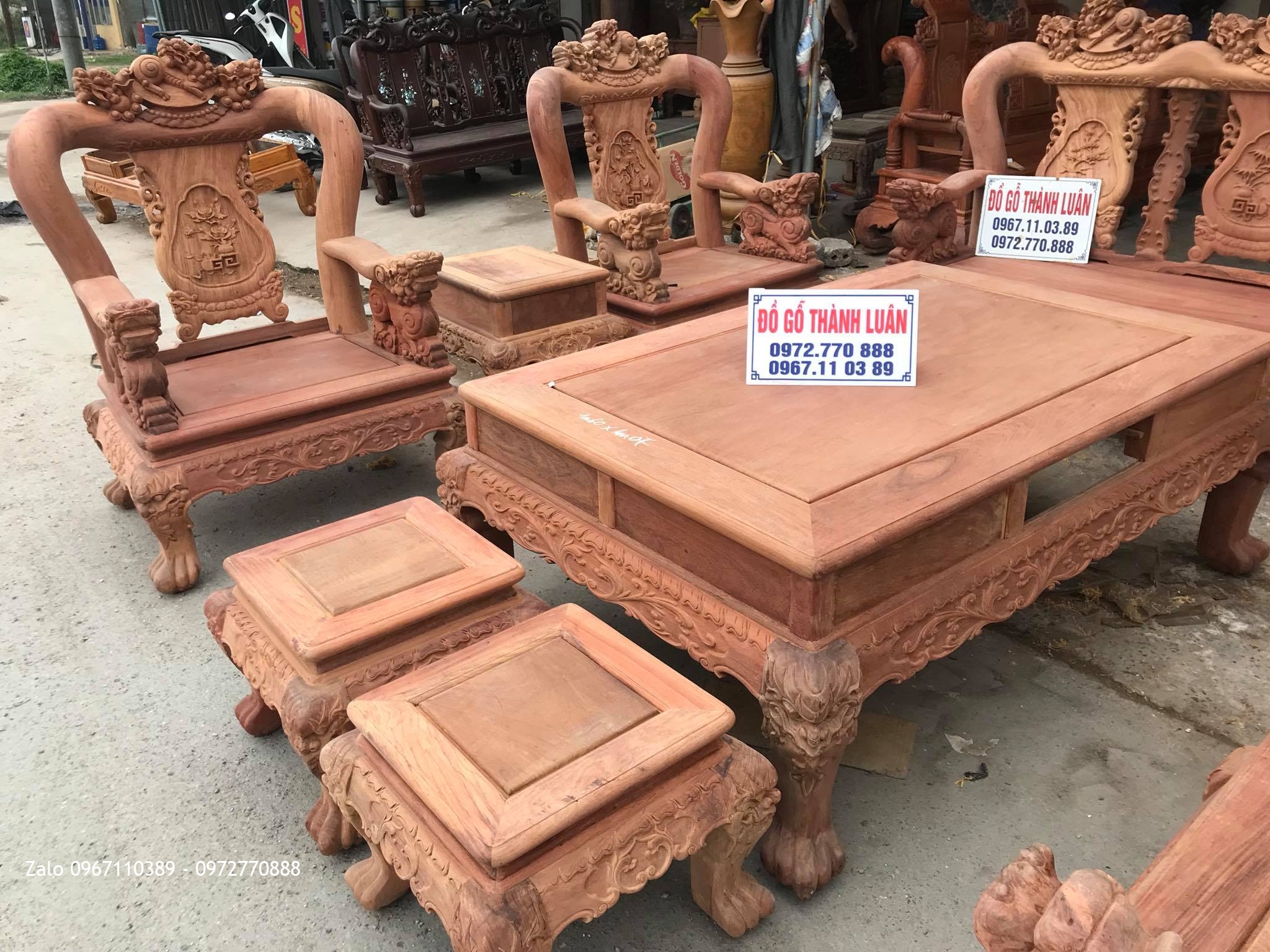 Bộ Bàn Ghế Minh Quốc Nghê Gỗ Hương Đỏ Lào VÍP.Cột.10 Món,