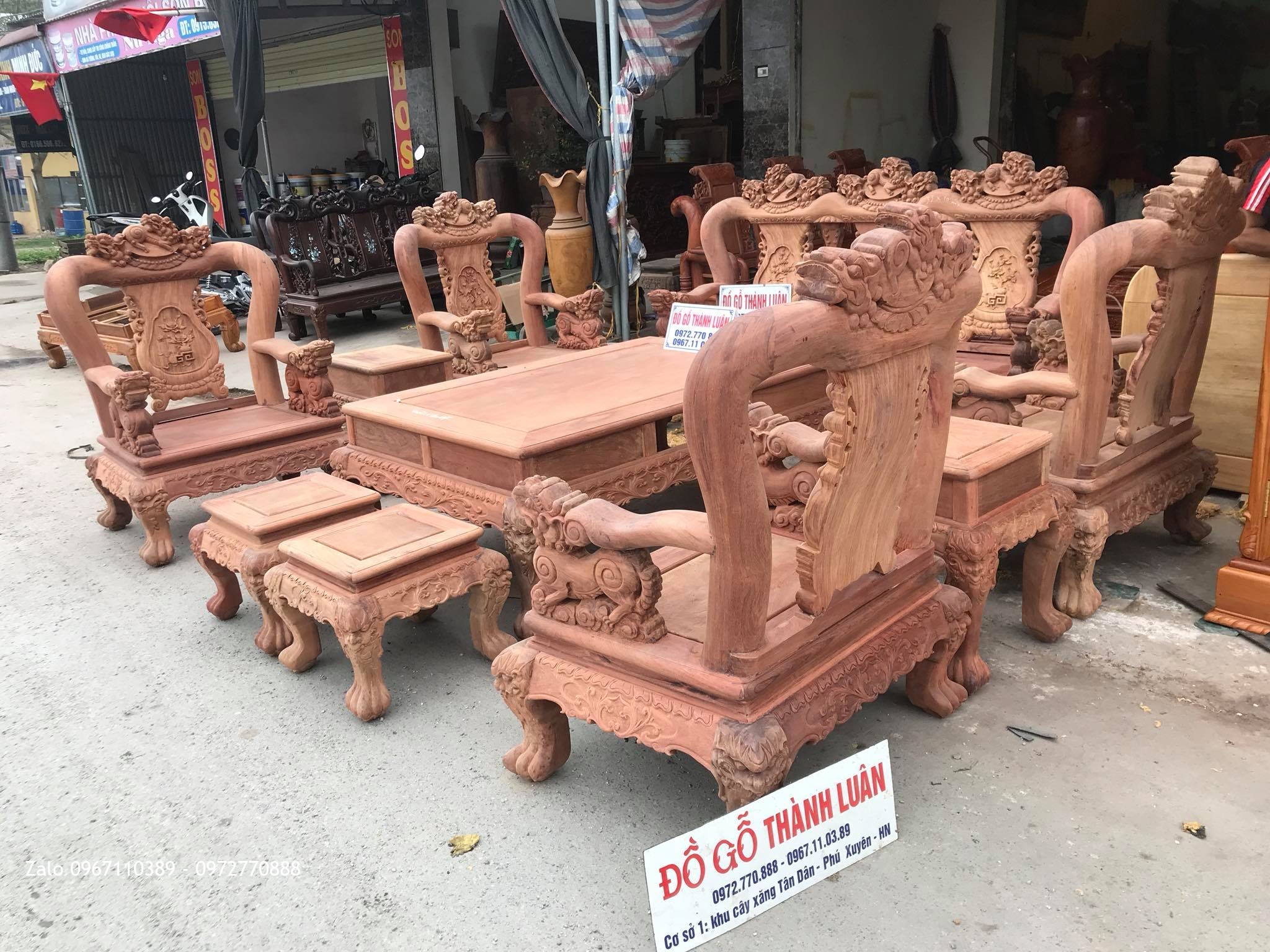 Bộ Bàn Ghế Minh Quốc Nghê Gỗ Hương Đỏ Lào VÍP.Cột.10 Món,