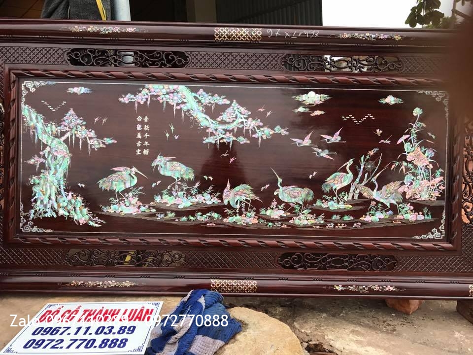 Tranh Khảm Ốc Đỏ Tùng Hạc Gỗ Gụ-