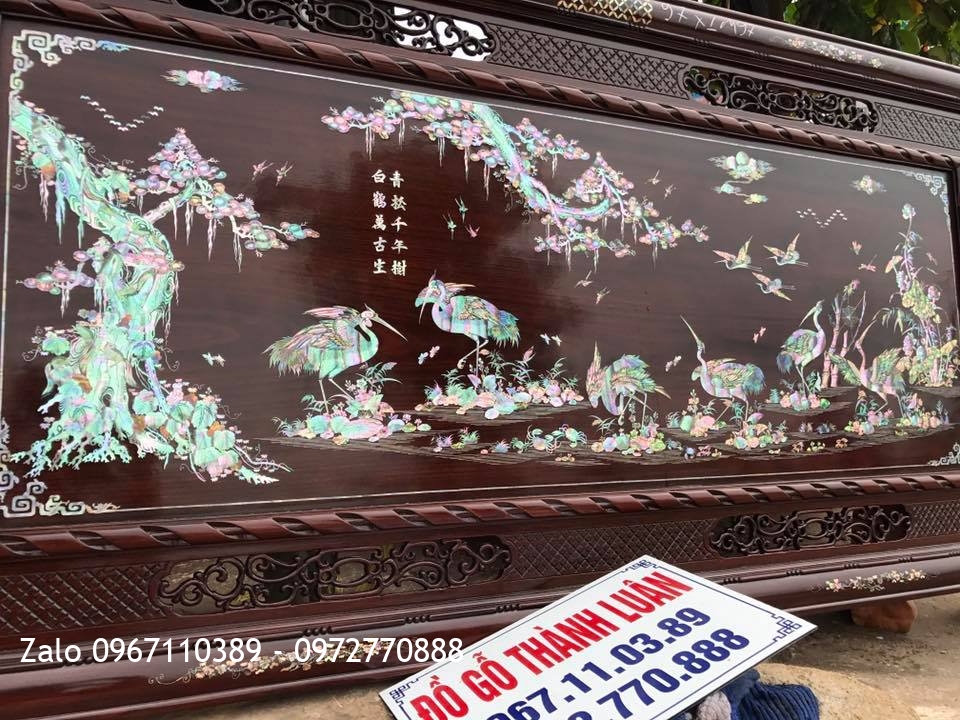 Tranh Khảm Ốc Đỏ Tùng Hạc Gỗ Gụ,
