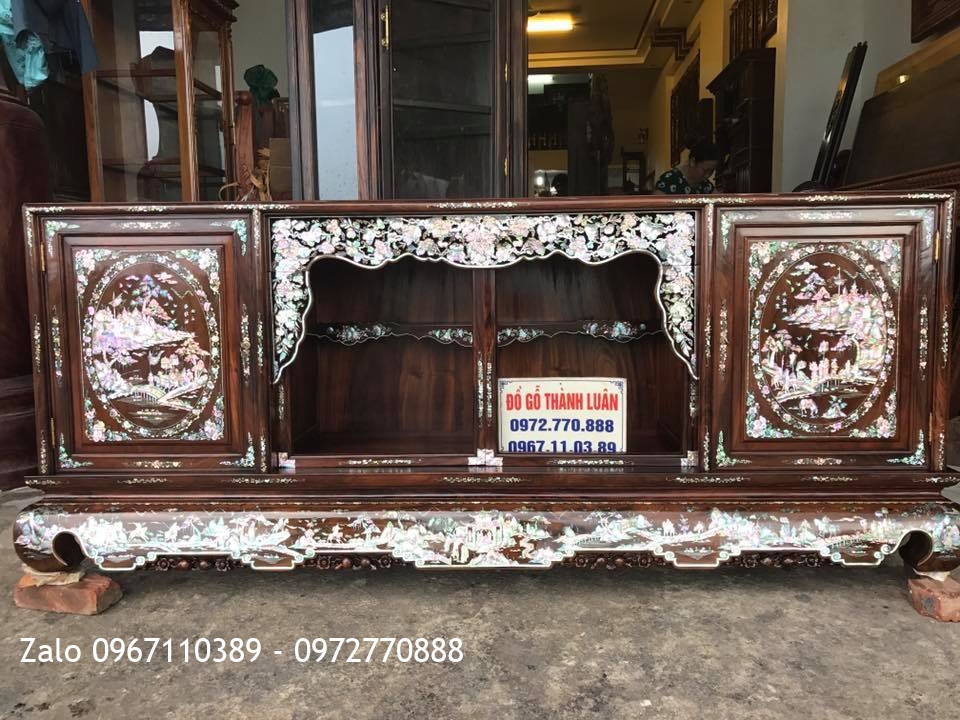 TỦ CHÈ GỖ GỤ TA QUẢNG BÌNH KHẢM ỐC ĐỎ SINGAPORE.