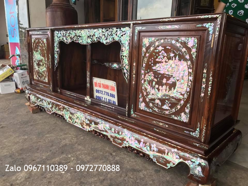 TỦ CHÈ GỖ GỤ TA QUẢNG BÌNH KHẢM ỐC ĐỎ SINGAPORE.