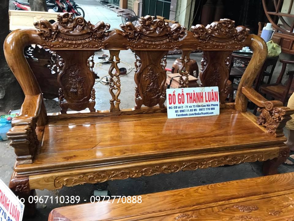 Bộ Minh Nghê Gỗ Hương Vân Đỏ Cột 12.6 Món. A Hiếu Gia Lộc Hải Dương