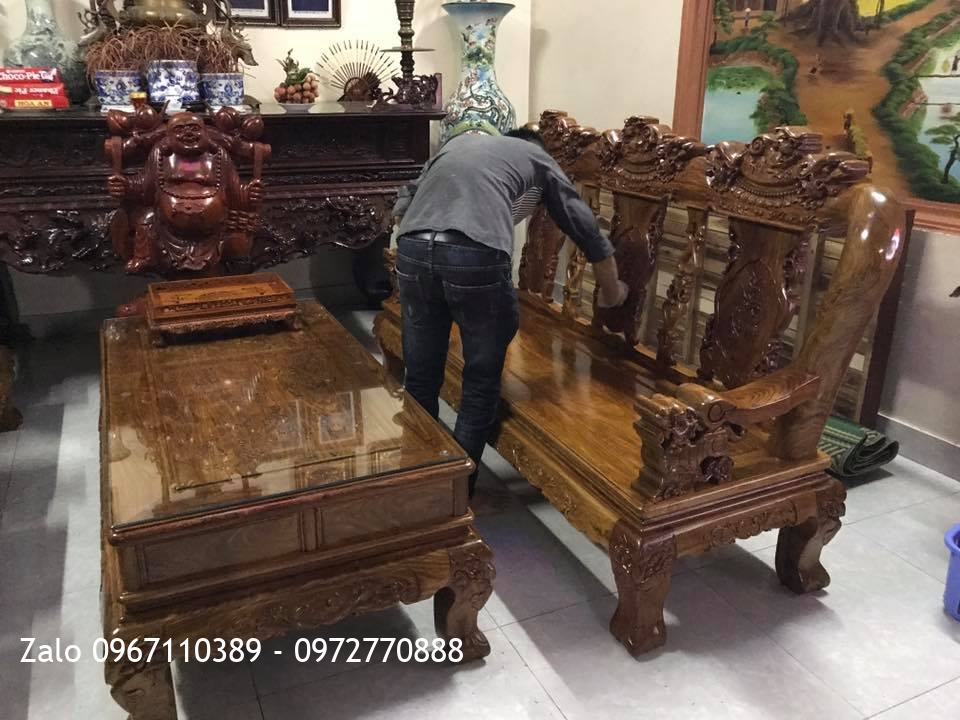 Bộ Minh Nghê Gỗ Hương Vân Đỏ Cột 12.6 Món. A Hiếu Gia Lộc Hải Dương-