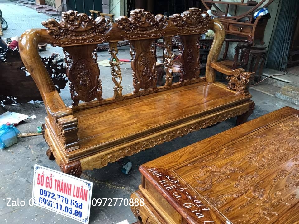 Bộ Minh Nghê Gỗ Hương Vân Đỏ Cột 12.6 Món. A Hiếu Gia Lộc Hải Dương,