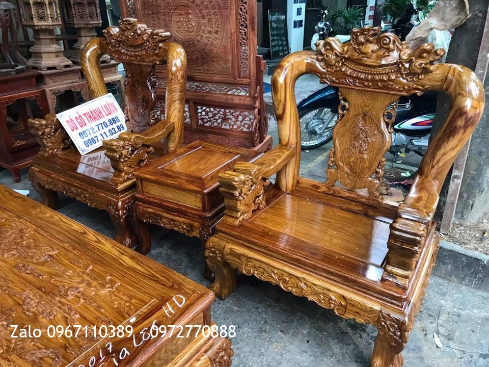 Bộ Minh Nghê Gỗ Hương Vân Đỏ Cột 12.6 Món. A Hiếu Gia Lộc Hải Dương,