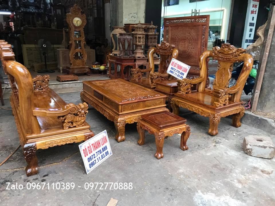 Bộ Minh Nghê Gỗ Hương Vân Đỏ Cột 12.6 Món. A Hiếu Gia Lộc Hải Dương.