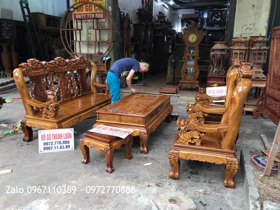 Bộ Minh Nghê Gỗ Hương Vân Đỏ Cột 12.6 Món. A Hiếu Gia Lộc Hải Dương: