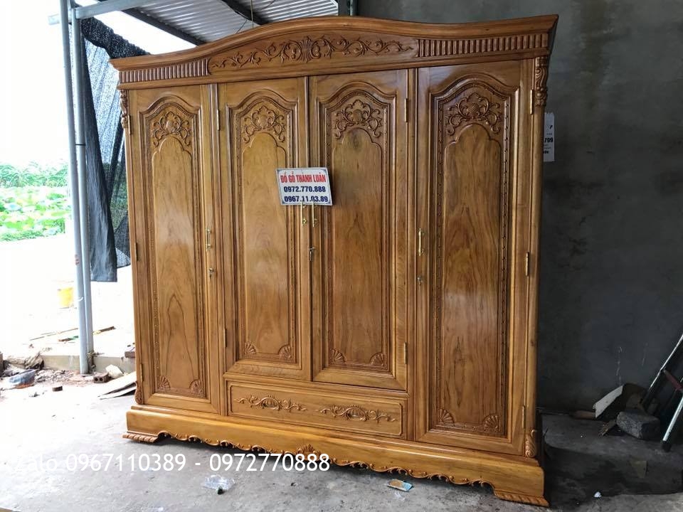 Tủ Áo 3 Buồng 4 Cánh Gỗ Gụ Vén Hoa Lan Tây. Khách Hà Đông