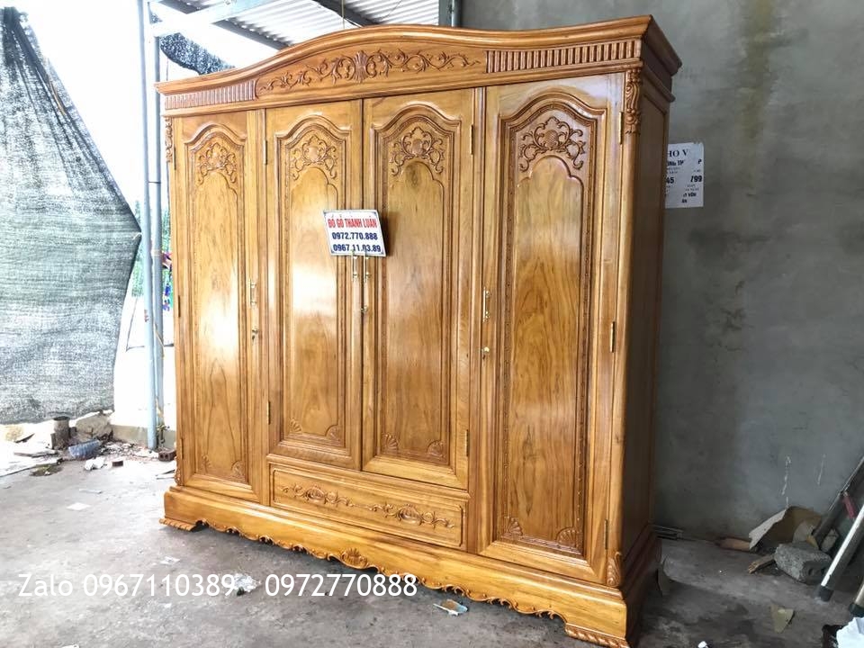 Tủ Áo 3 Buồng 4 Cánh Gỗ Gụ Vén Hoa Lan Tây. Khách Hà Đông.