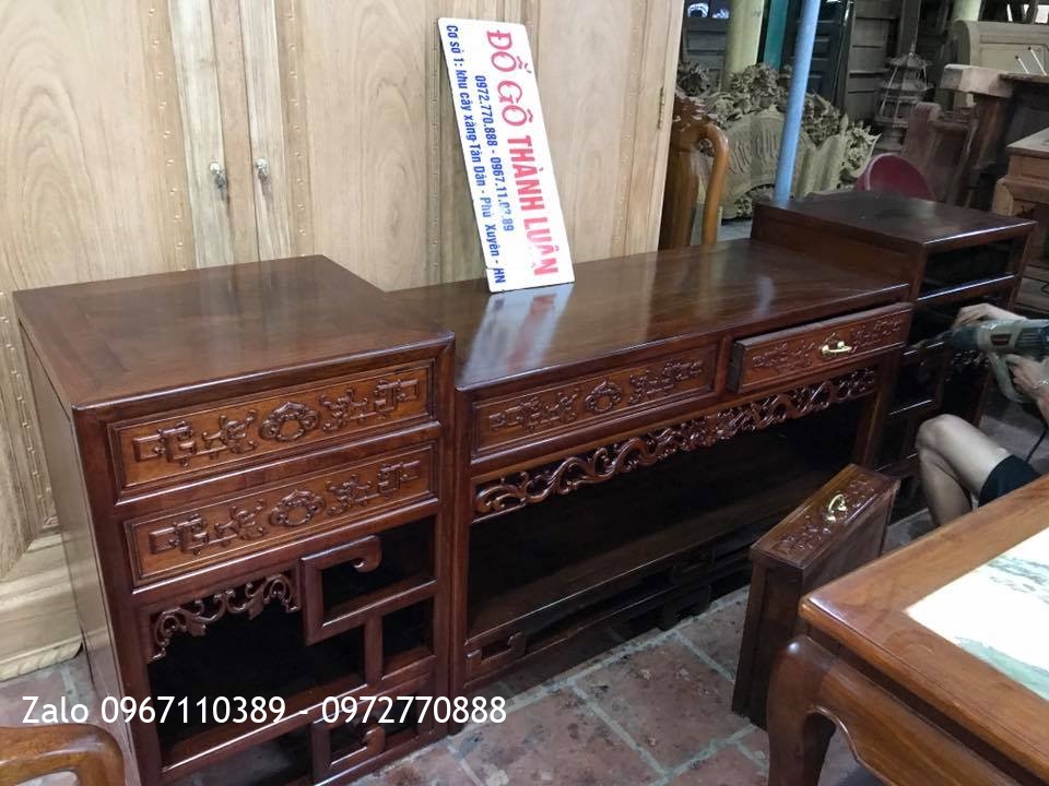 Bộ Ghế Móc Mỏ Gõ Gụ 8 Món, Kệ Tivi Móc Gỗ Gụ. AC Ba Hạnh Thanh Hoá.