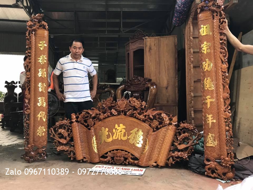 Bộ Cuốn Thư Câu Đối Gỗ Gõ Đỏ Dát Vàng. Chú Cường Thái Bình,