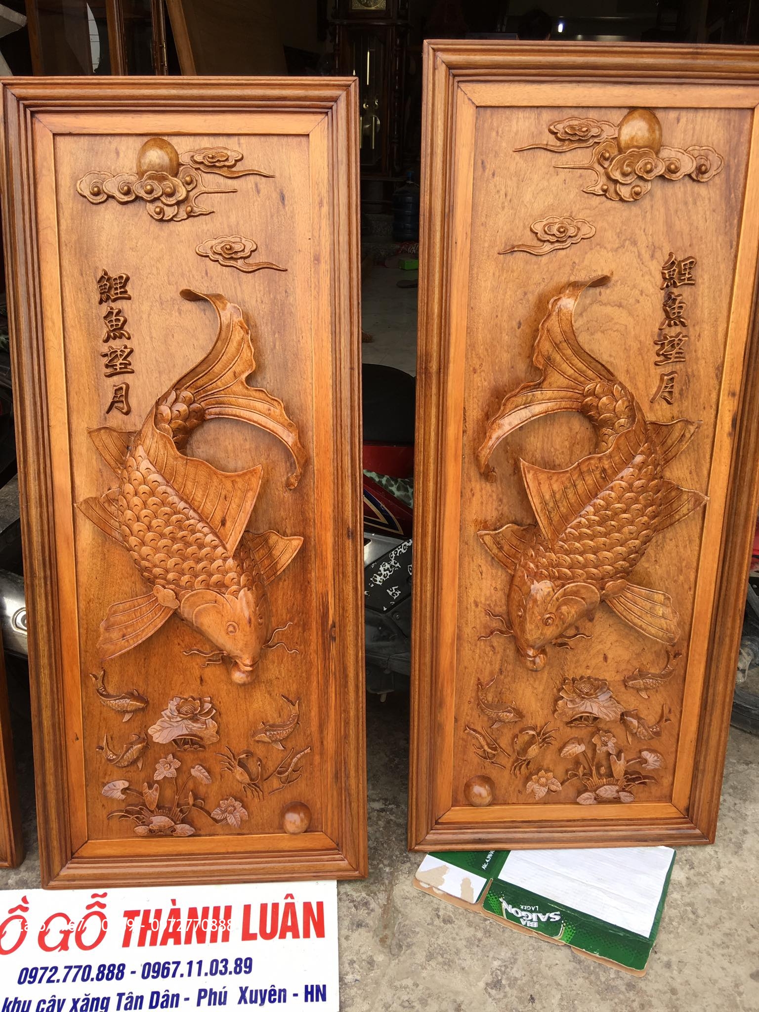 TRANH GỖ- Đốc Lịch Tam Đa,Tranh Cá Chép Gỗ Gụ. A Chương Đắc Lắc;